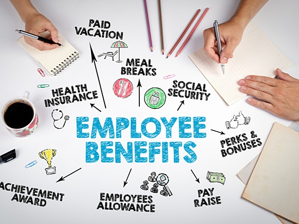 People round a table making a note of various employee benefits, eg paid holidays